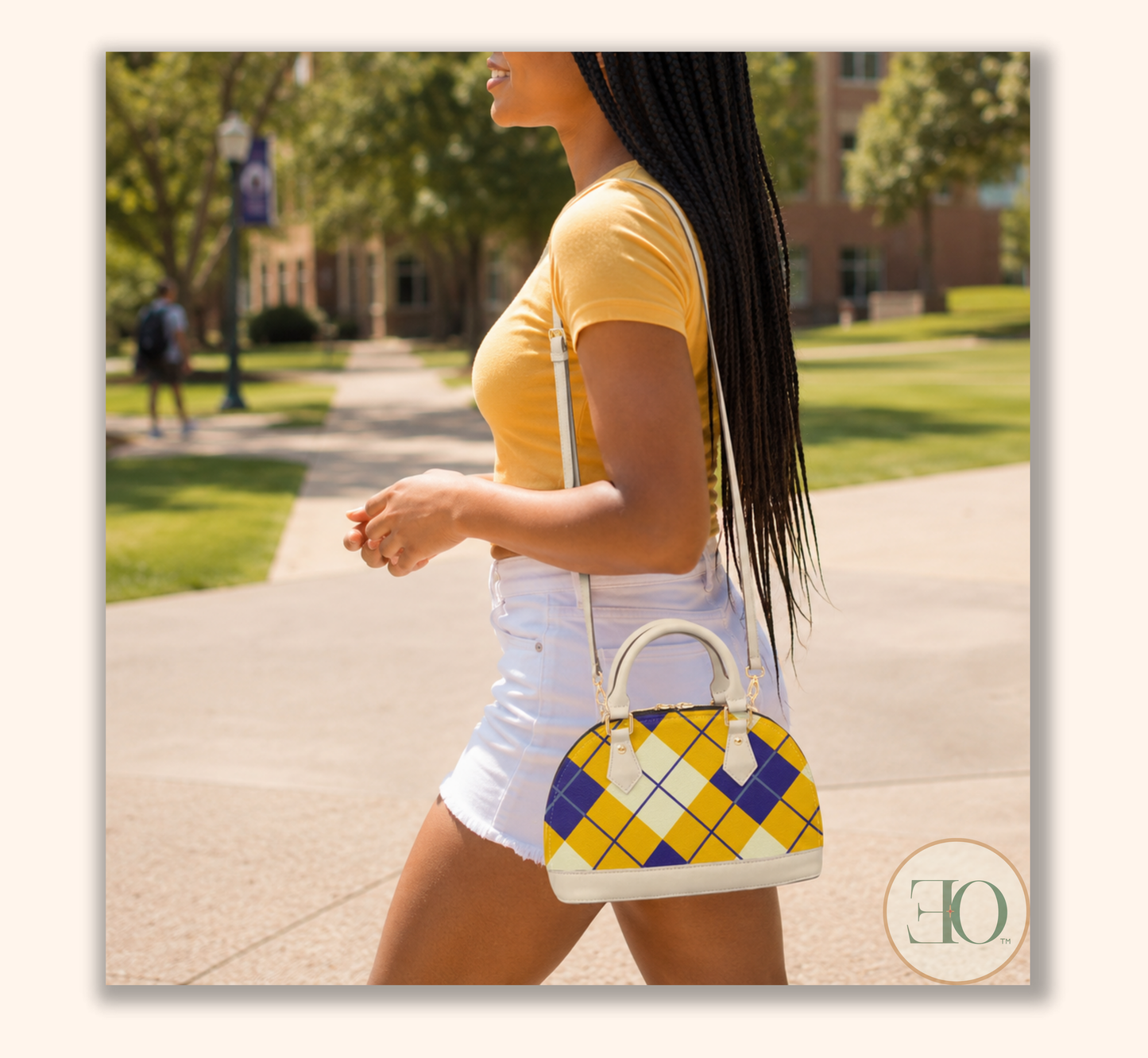blue and gold handbag