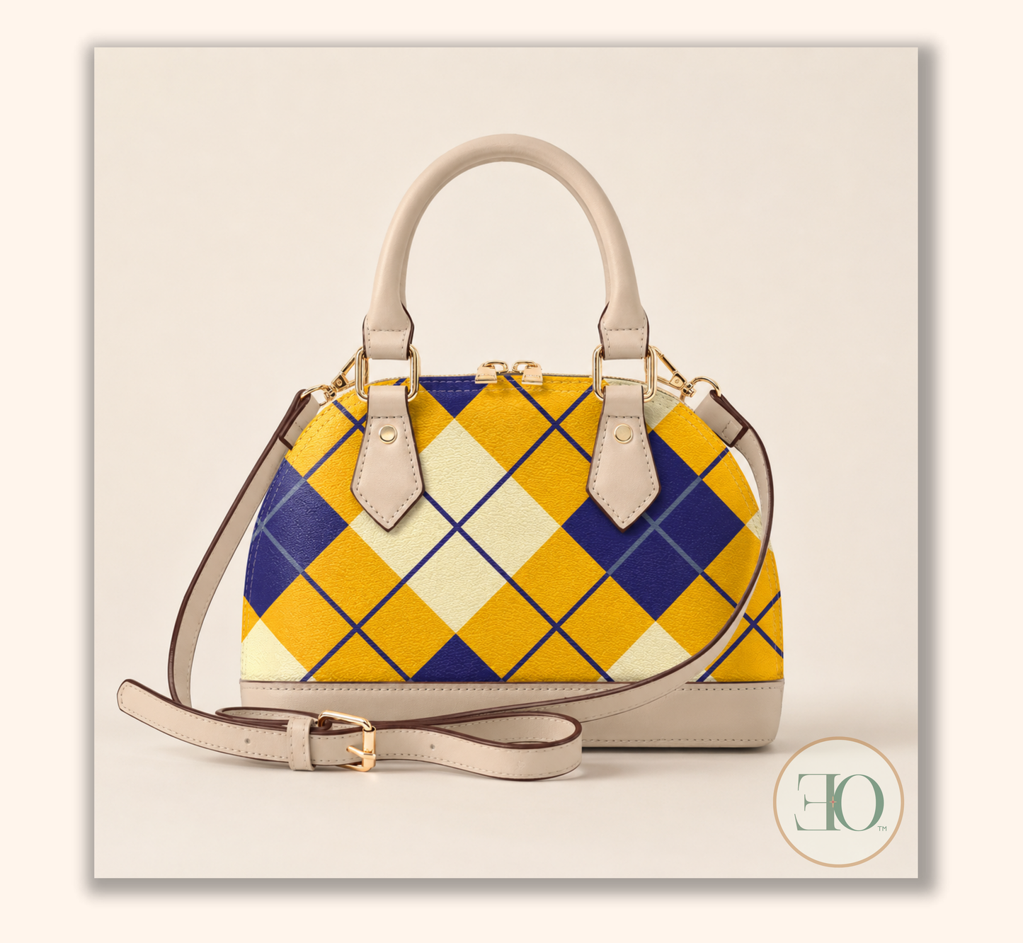blue and gold handbag