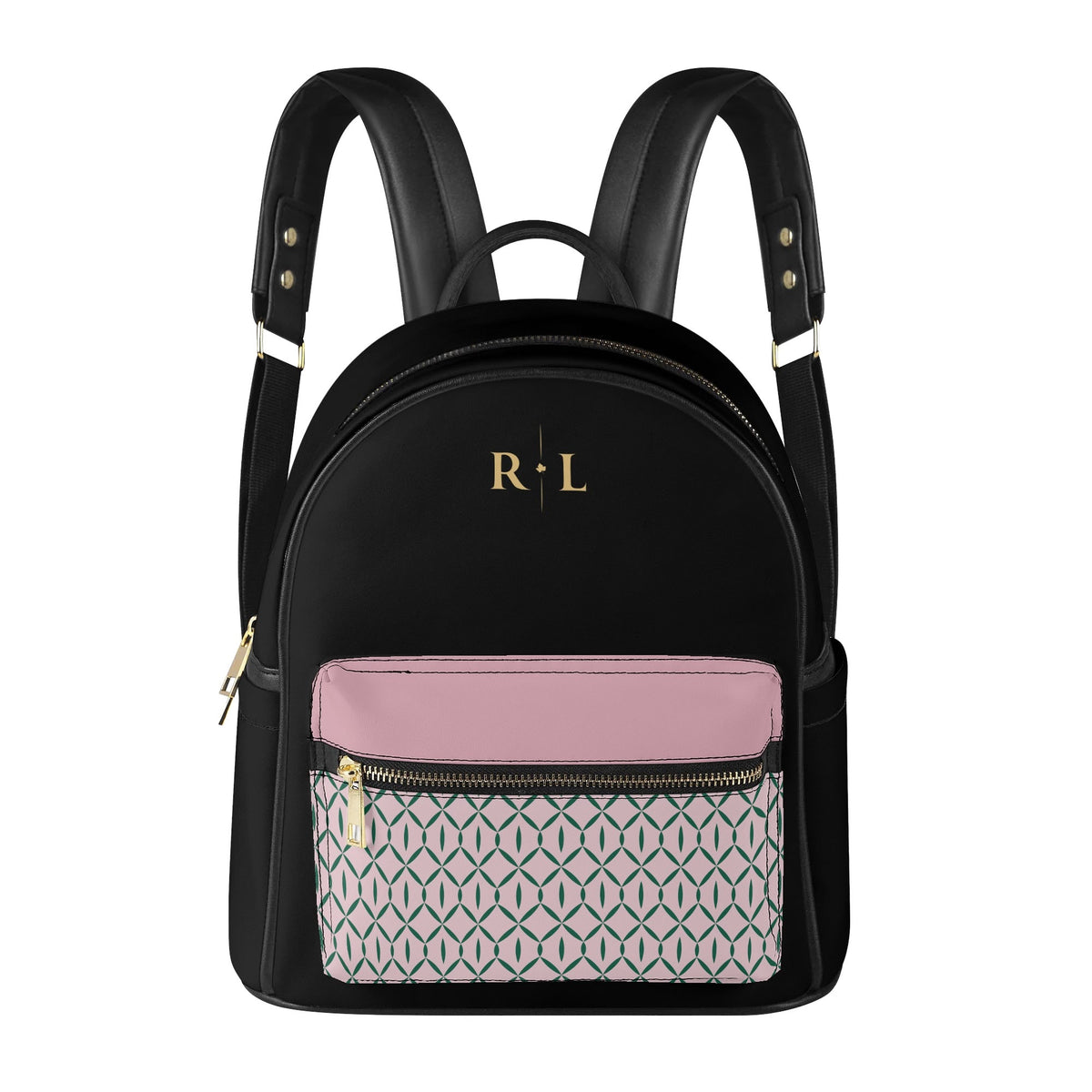 Personalized black mini backpack with soft pink pocket, green geometric pattern and gold monogram.