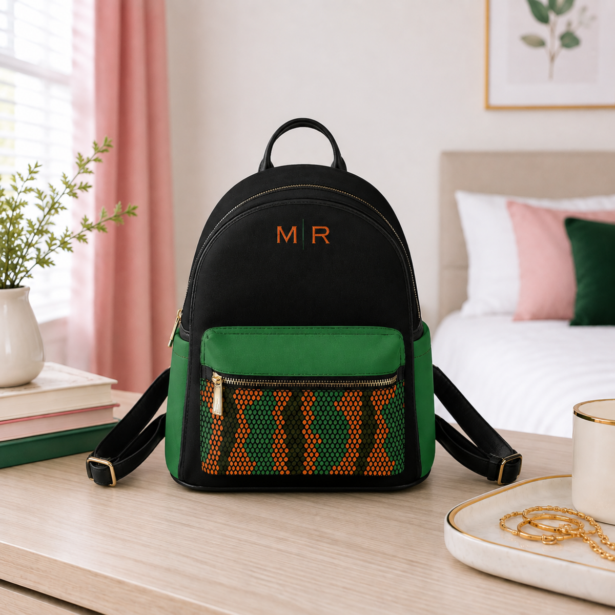 Personalized Orange & Green Mini Backpack – Custom Monogram