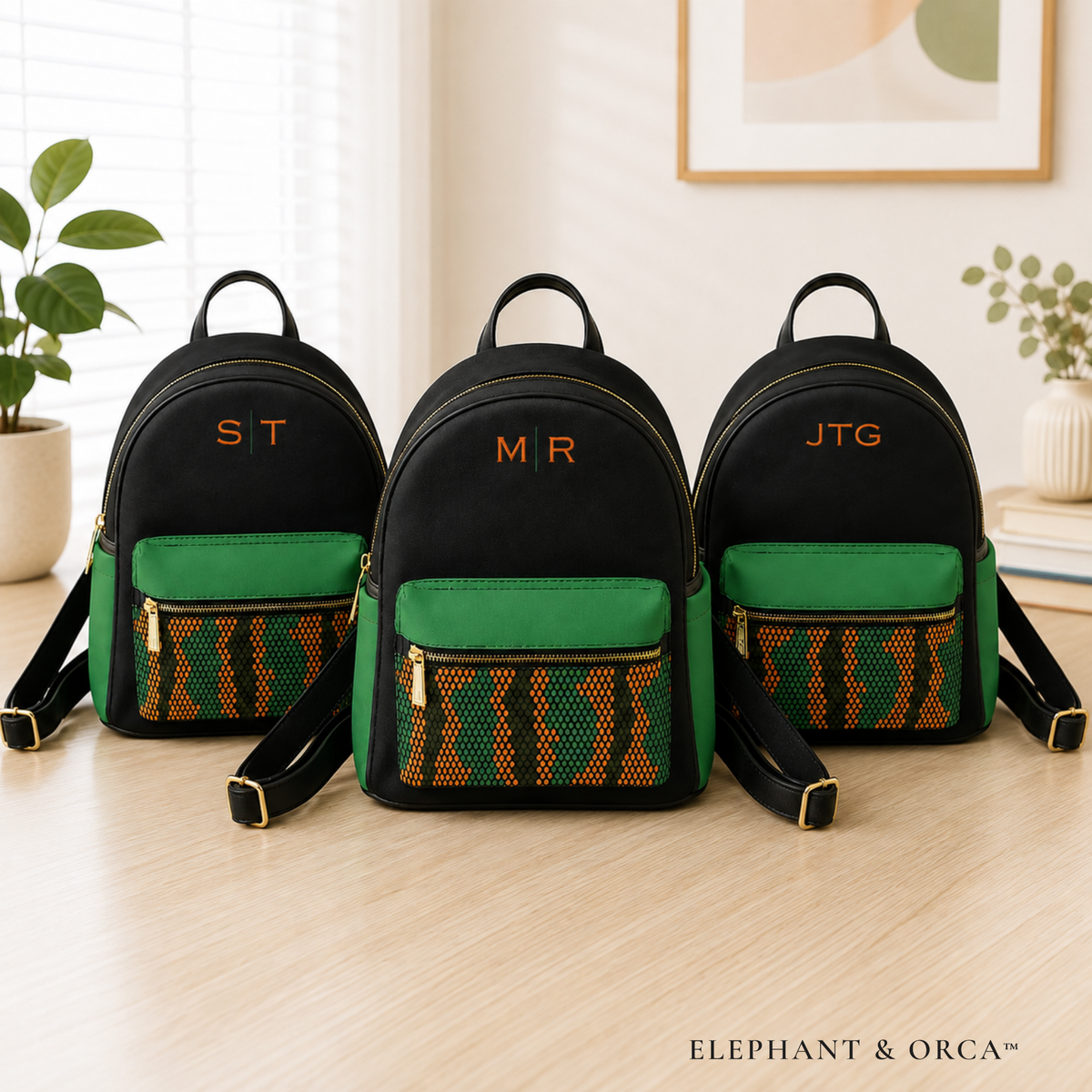 Personalized Orange & Green Mini Backpack – Custom Monogram