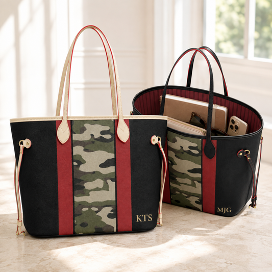 Two black, crimson and camouflage vegan leather handbags with personalized gold three-letter monograms.