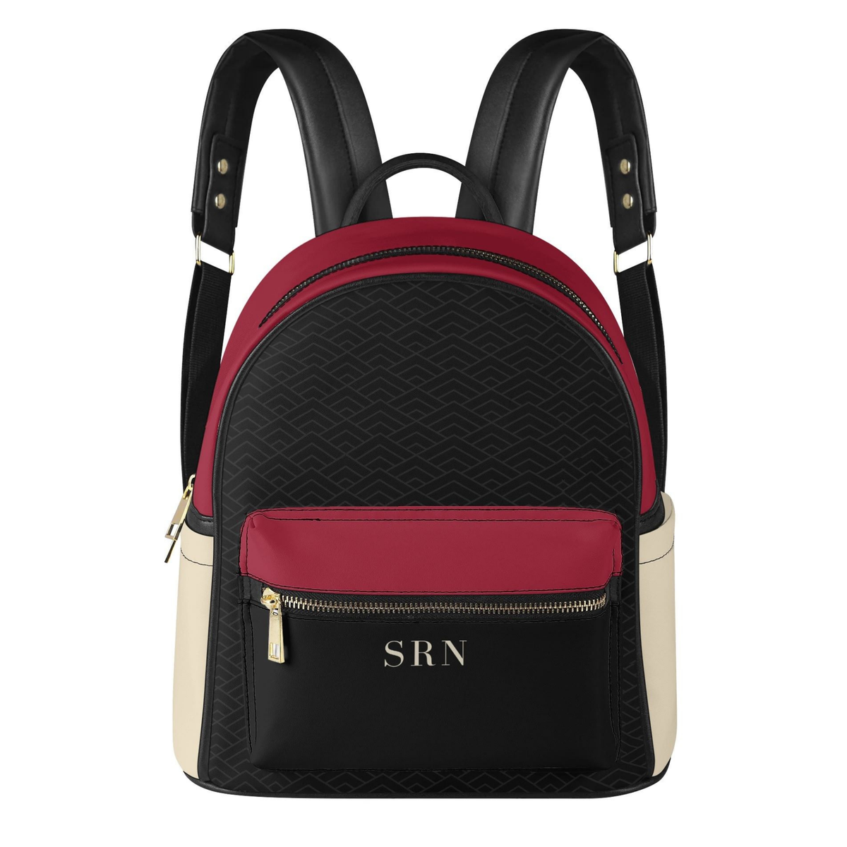 Personalized crimson and cream mini backpack with black patterned front panel and gold monogram.