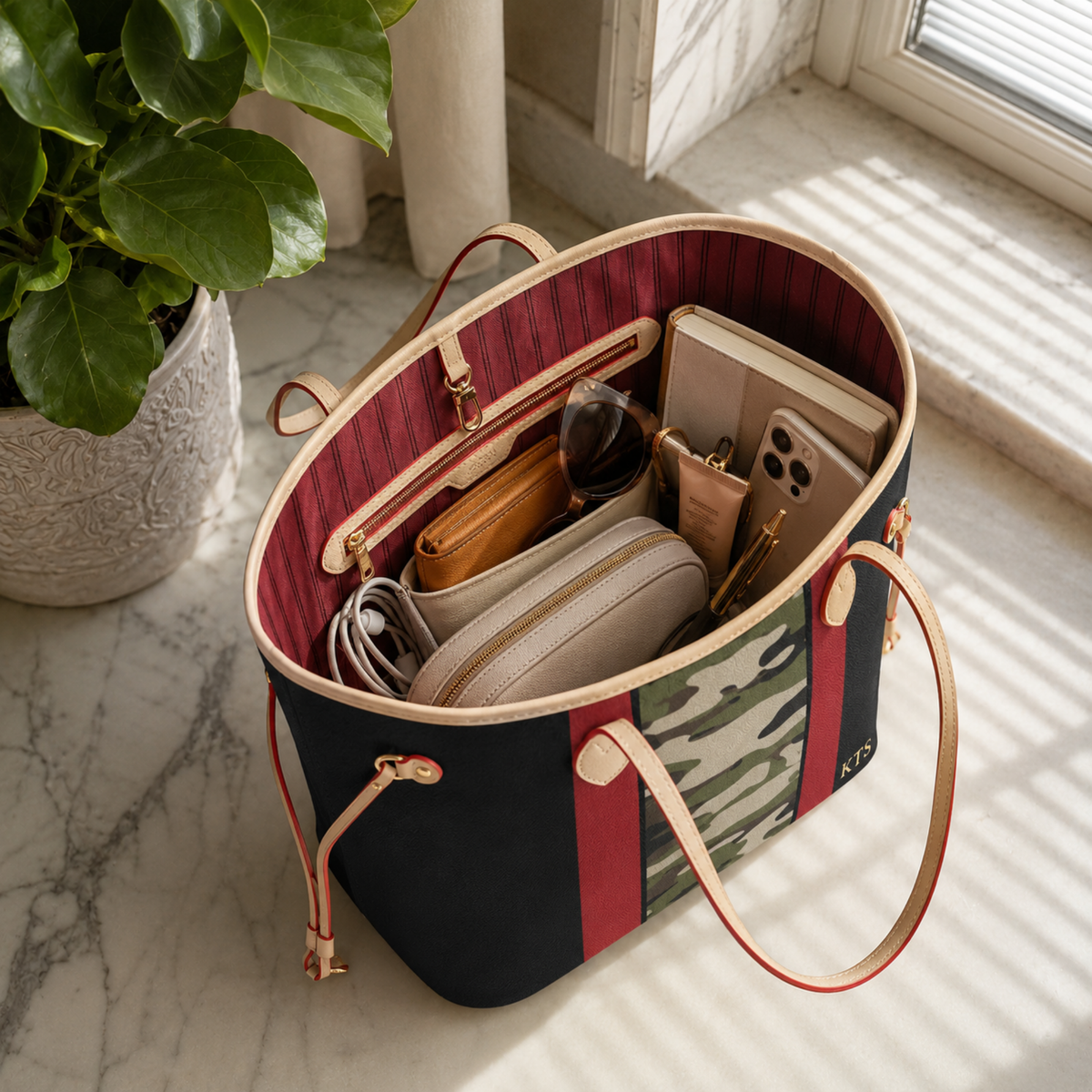Open camouflage and crimson handbag showing spacious interior with notebook, phone, sunglasses and cosmetic pouch.
