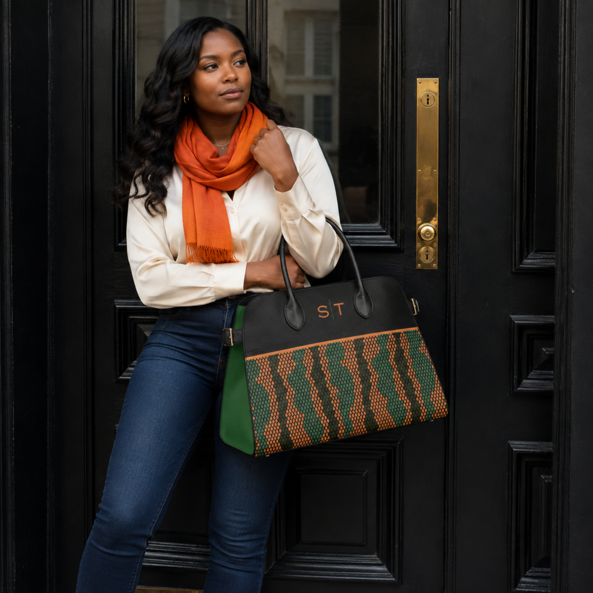 Woman carrying a personalized orange and green structured handbag with black handles.