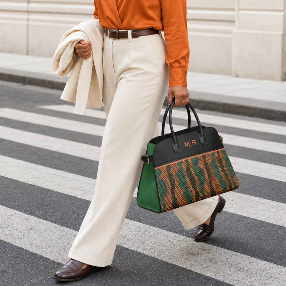 Personalized Orange & Green Vegan Leather Handbag – Custom Monogram