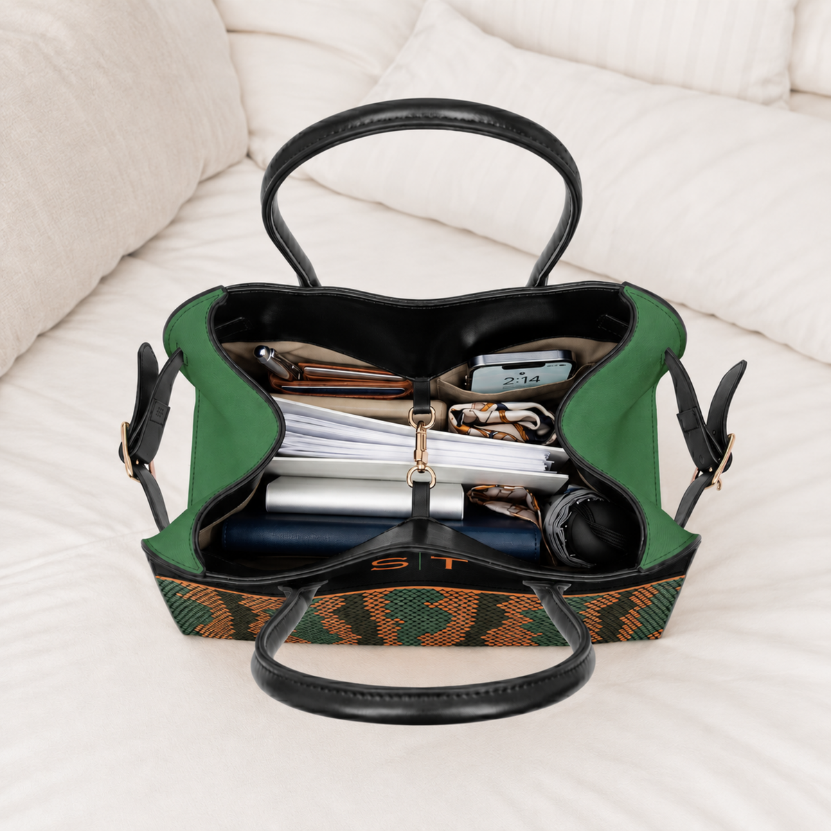 Personalized Orange & Green Vegan Leather Handbag – Custom Monogram