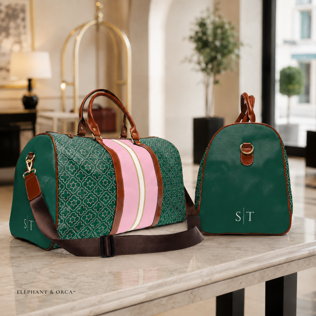 Personalized Pink & Green Travel Duffel Bag with Initials