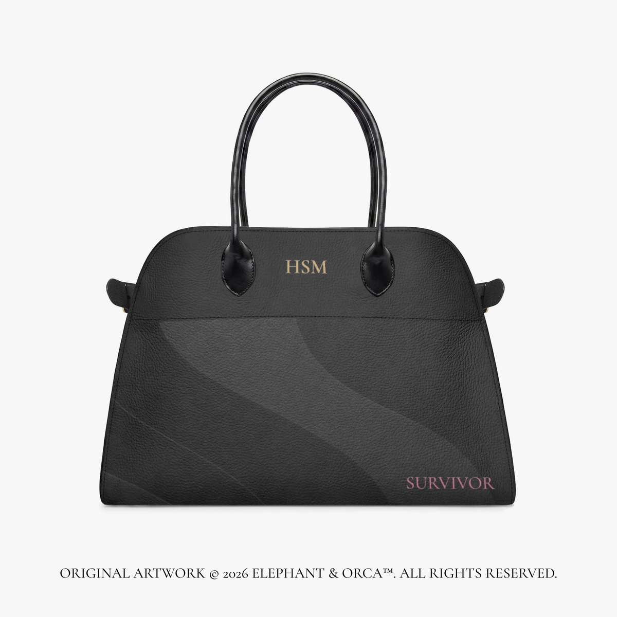 A black leather handbag with double top handles, featuring the gold monogram 'HSM' on the front and the pink text 'SURVIVOR' near the bottom right. The bag is displayed against a light gray background with a copyright notice at the bottom.