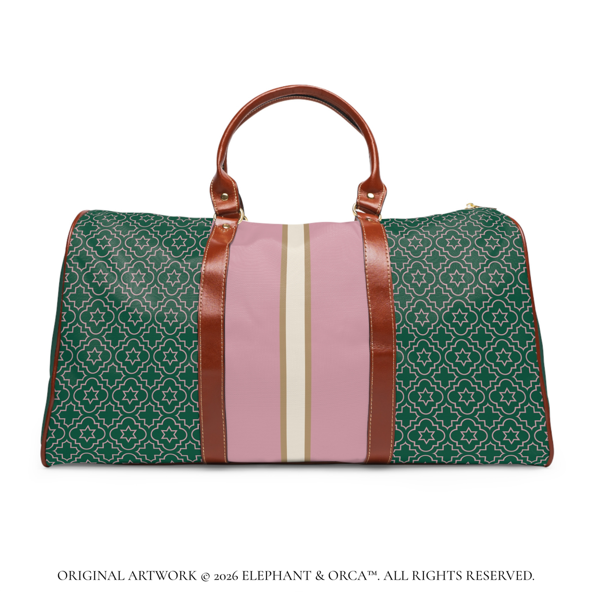 Pink and green patterned personalized weekender duffel bag with striped center panel.