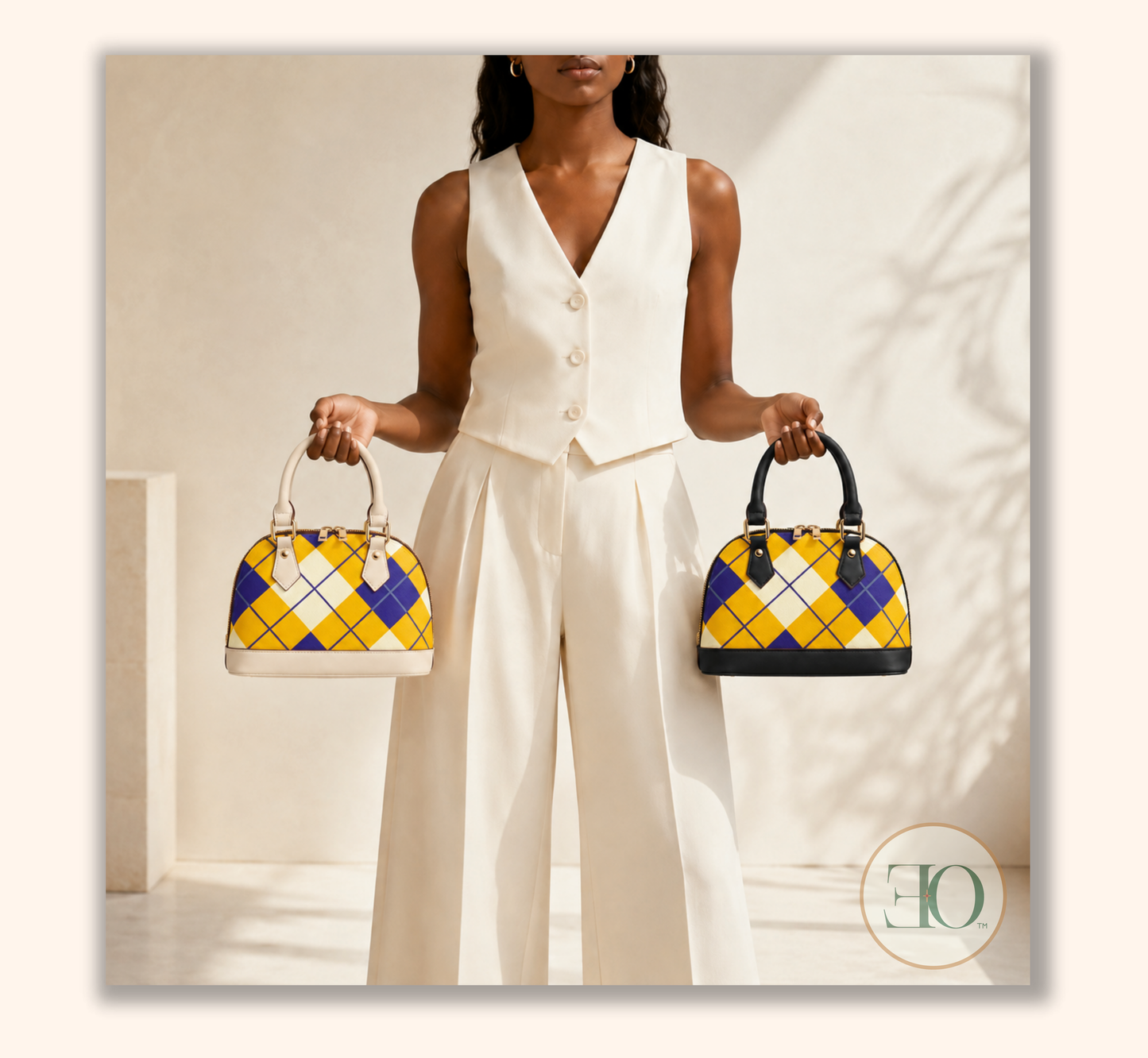 blue and gold handbag