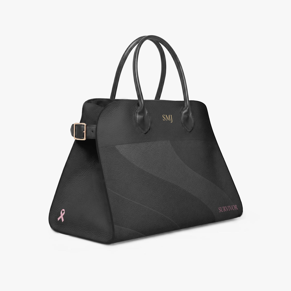 Black vegan leather breast cancer survivor handbag personalized with gold monogram, pink survivor text and breast cancer awareness ribbon.