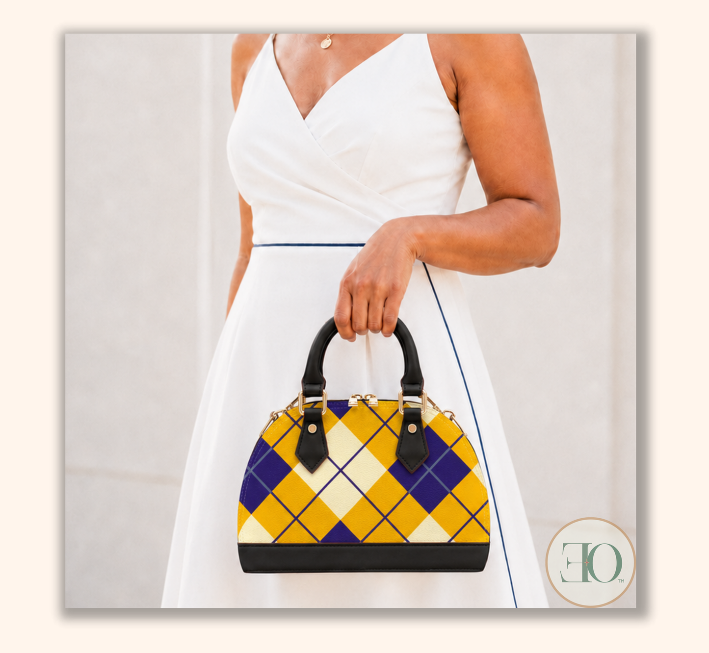 blue and gold handbag