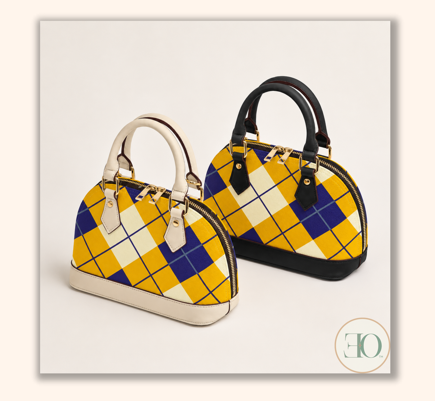 blue and gold handbag