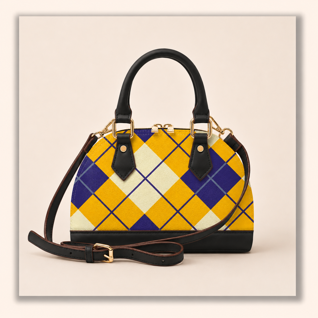 blue and gold handbag