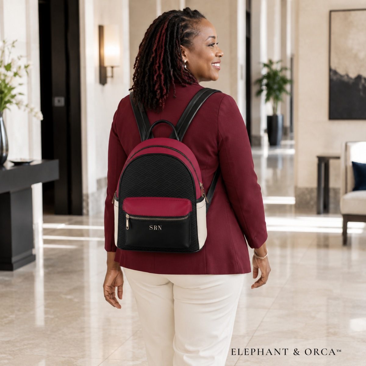 Personalized Crimson & Cream Mini Backpack – Custom Monogram