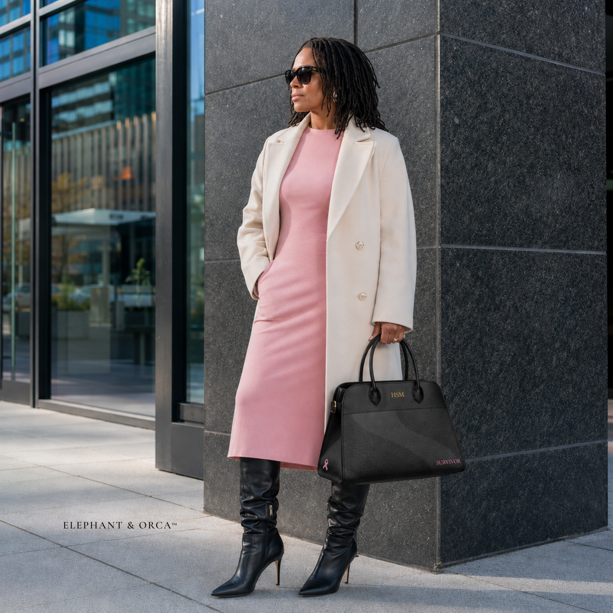 A woman stands outdoors against a dark stone building corner, wearing a cream coat over a pink midi dress, black knee-high heeled boots, and holding a black structured handbag. The text 'ELEPHANT & ORCA' appears in the lower left.