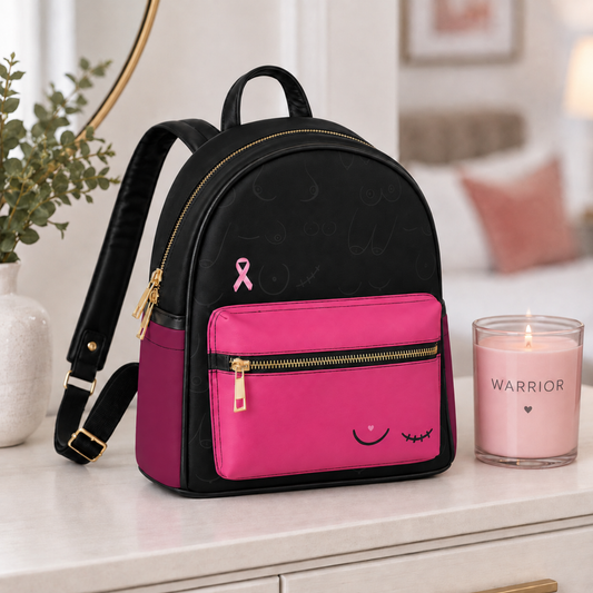 Black and pink vegan leather breast cancer awareness mini backpack with pink ribbon and breast scar-inspired artwork displayed in a gift box.