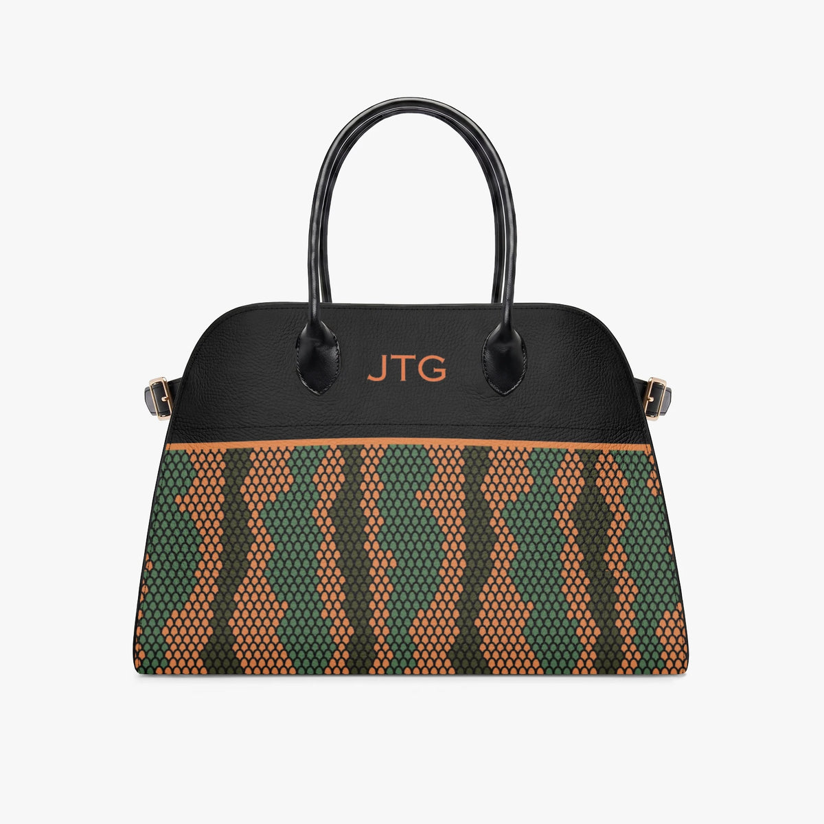 Structured orange, green and black monogram handbag with dual handles and gold-tone hardware.