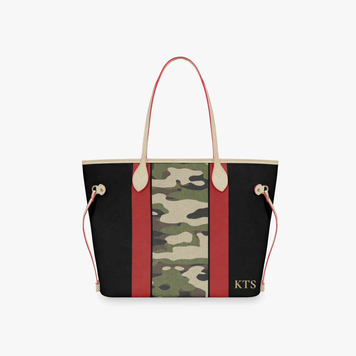 Personalized black and crimson vegan leather handbag with camouflage center panel and gold monogram.